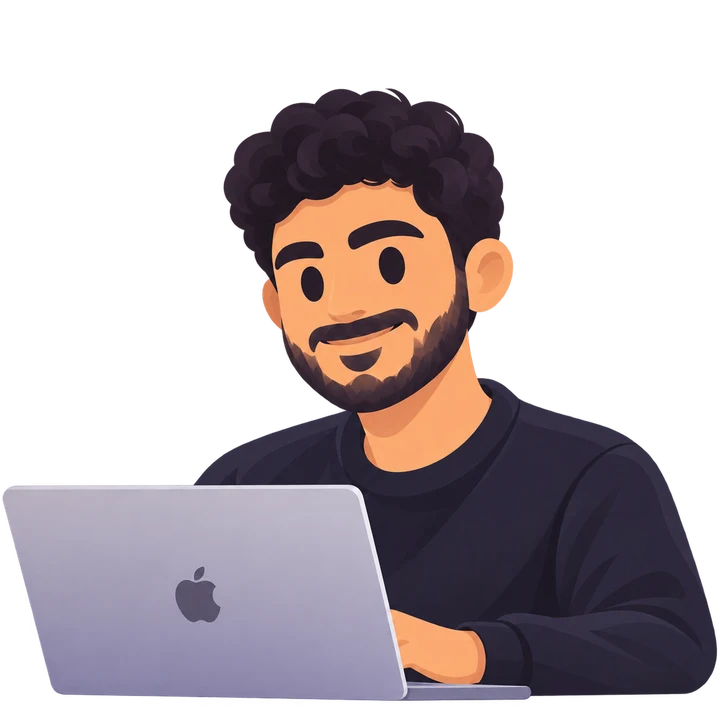 Illustration of Hassen, founder of AtomicStep, at his laptop